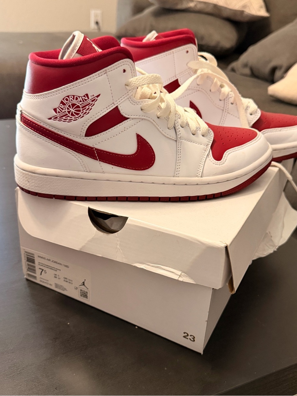 Jordan White and Red High-Top Sneakers